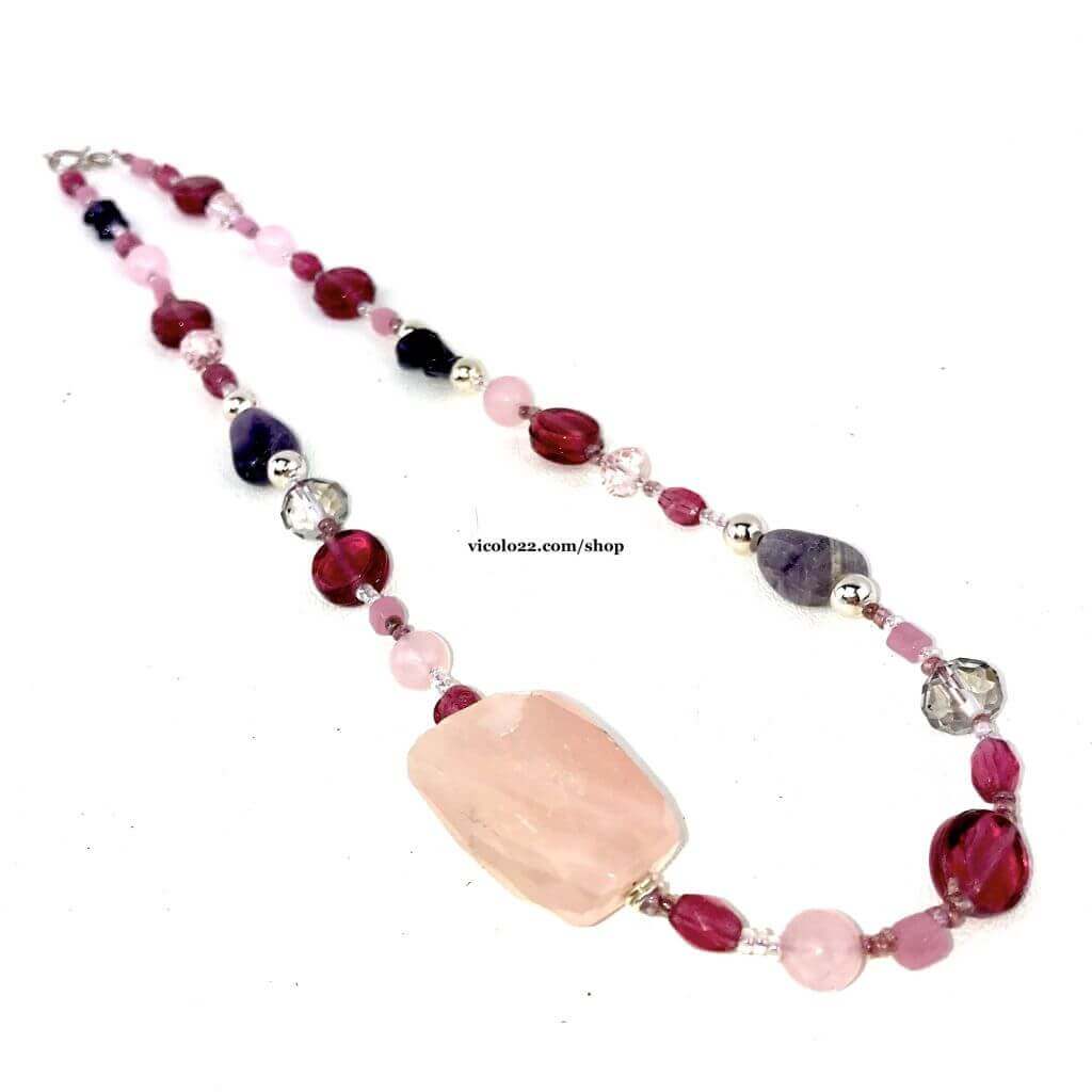 Vicolo 22 - Collana quarzo rosa ametista argento e vetro